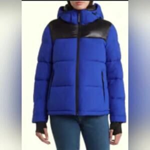 BCBGeneration women's Sz 1XL Colorblock Hooded Puffer Jacket Blue/Blk Gorpcore